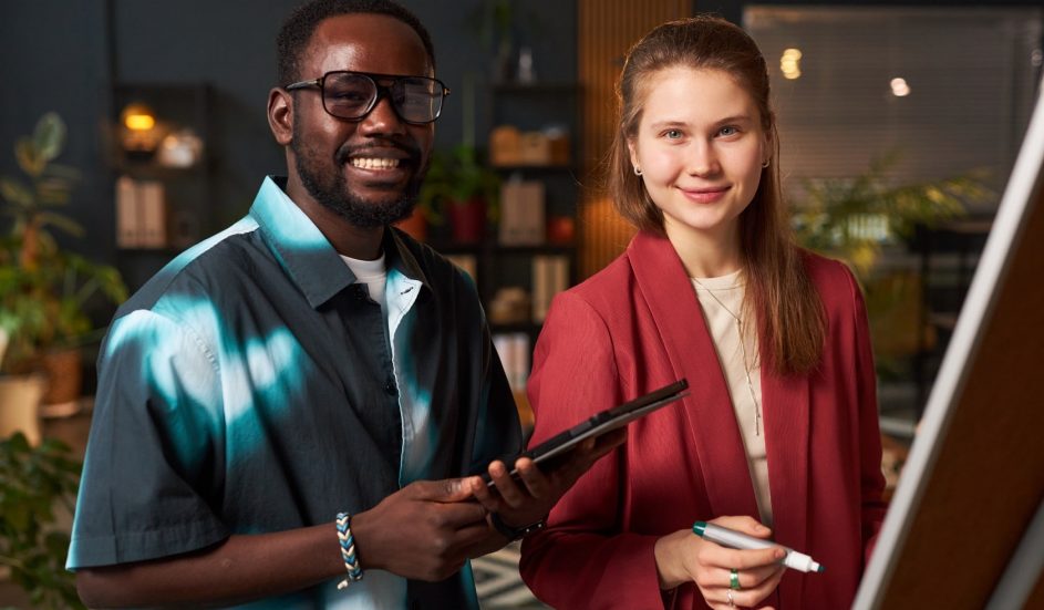 A company team discussing a project