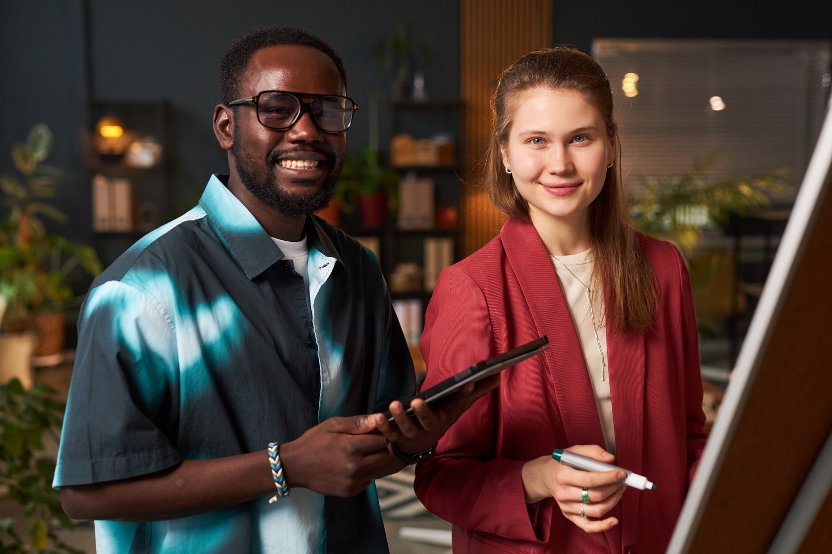 A company team discussing a project